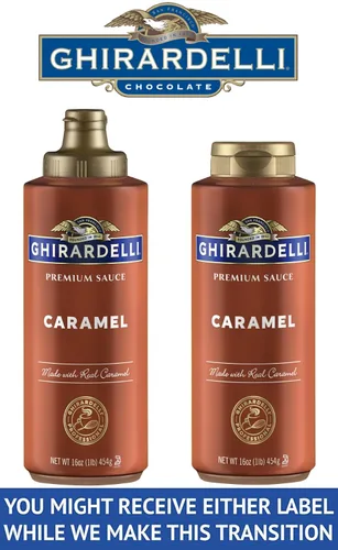Vista 2 de Ghirardelli Salsa de caramelo, botella exprimible de 16 onzas con cuchara de barista estampada Ghirardelli