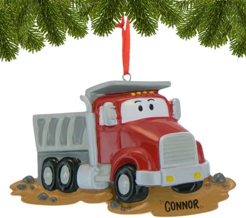 Vista 3 de Adorno rojo personalizado de camión volquete – Adorno de Navidad de camión de basura 4 ruedas decoración de vehículo para árbol de Navidad