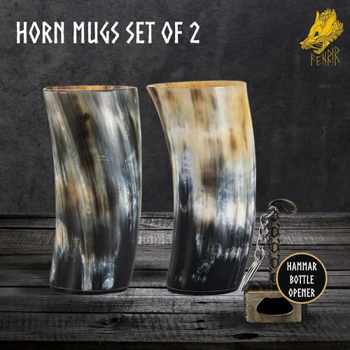 Vista 2 de FENRIR Juego de Tazas de Cuerno Vikingo para Beber de 2 – Regalos para Hombres, Papá, Esposo – Regalo Vikingo Único – Taza de Cuerno de Buey Natural