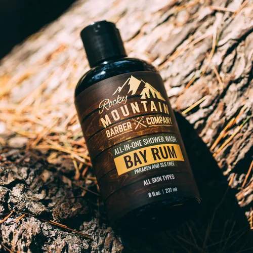 Vista 3 de Rocky Mountain Barber Company Bay Rum - Jabón corporal todo en uno, champú, gel de baño, acondicionador, lavado facial y lavado de barba con jugo
