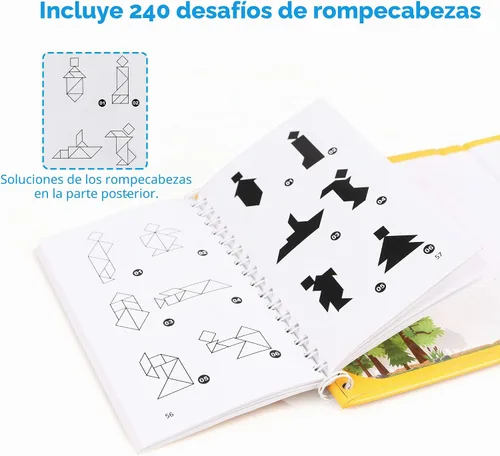 Vista 3 de Vanmor Rompecabezas de Tangram de viaje, 3 juegos de tangram magnético con solución 240, bloques de patrón de forma Montessori, rompecabezas