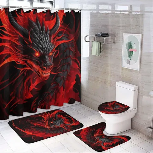 Vista 11 de Juego de 4 cortinas de ducha clásicas de dragón, animales mitológicos, criatura roja fuego, juego de baño con cortina de ducha, alfombra para tapa