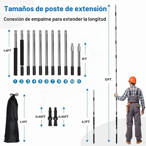 Vista 2 de Poste de extensión de rodillo de pintura, poste de extensión de pintura de 4 a 12 pies, ajuste de empalme multiusos largo para cepillo de araña
