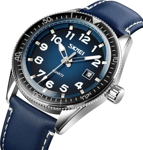 Vista 2 de SKMEI Mens Watches Waterproof Fashion BusinessAuto DateEasy to Read Reinforced Leather Strap Quartz Movement Wrist Watch for Men Black