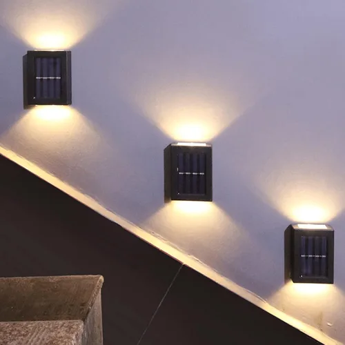 Vista 4 de MSUIINT Luces solares para valla, 4 lámparas de pared y cubierta al aire libre, 4 luces LED arriba-abajo, impermeables para casa, cubierta, escalón