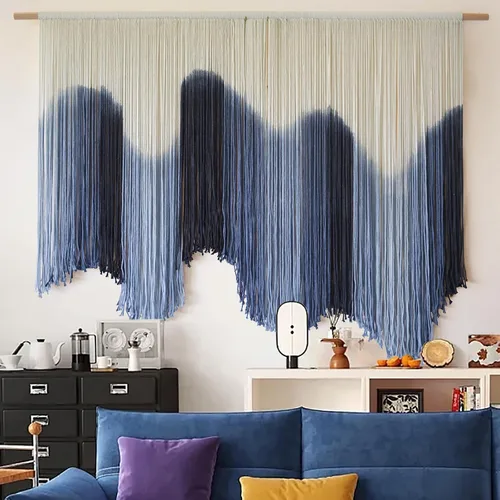 Vista 3 de Tapiz de fibra de macramé para colgar en la pared, color azul, grande