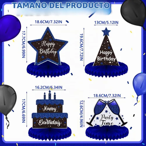 Vista 3 de Yexiya 8 piezas de centro de mesa de cumpleaños azul y negro, centros de mesa de panal de abeja de feliz cumpleaños, centros de mesa de panal