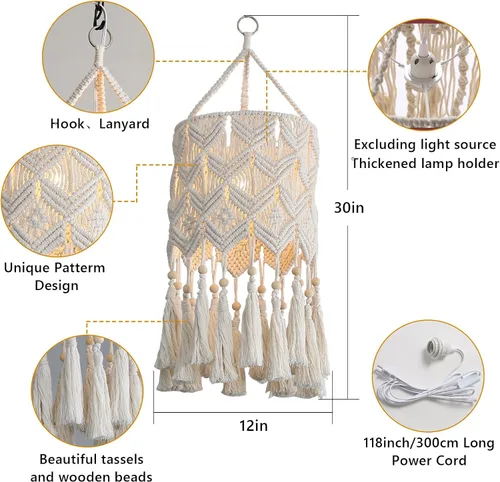 Vista 5 de Bioaqua Pantalla de Lámpara Colgante Boho, Luz Colgante de Macramé, Luminaria Boho Hecha a Mano con Cable de Enchufe para Hogar, Sala de Estar