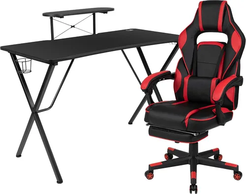 Vista 31 de Flash Furniture Juego de escritorio para juegos negro y silla de carreras blanco/negro con soporte para tazas, gancho para auriculares y soporte