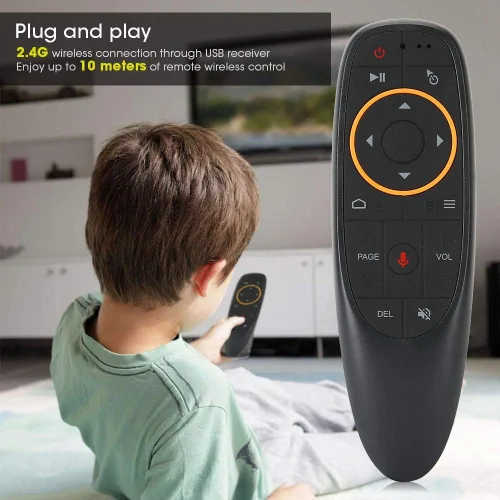 Vista 3 de Control remoto por voz, mouse de aire 2.4G, mini teclado con giroscopio, Plug and Play, receptor USB, para computadora, proyectores, cajas de TV