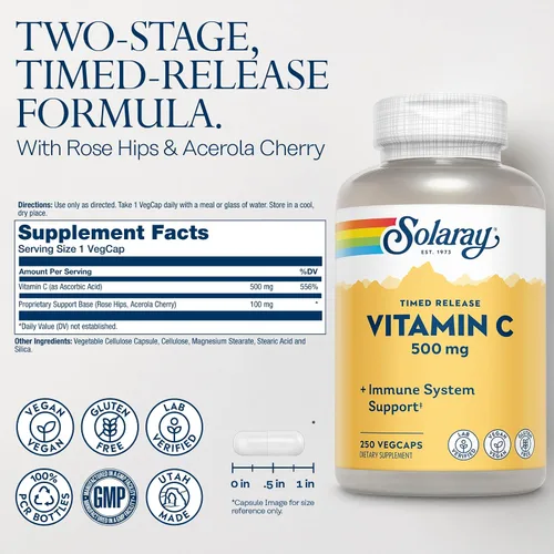 Vista 2 de SOLARAY Vitamina C con escaramujos y acerola 500 mg Función inmunológica saludable de liberación temporal, apoyo para la piel, el cabello