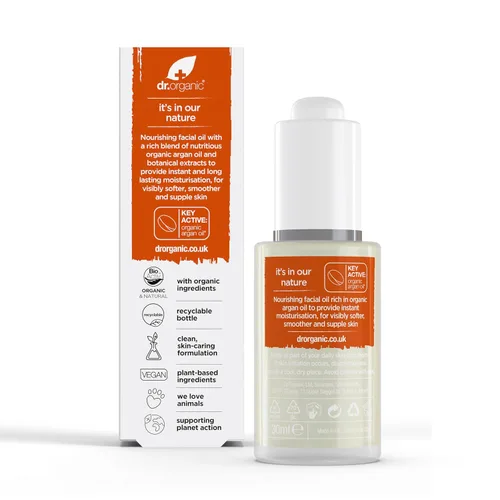 Vista 3 de Dr. Organic Aceite facial de argán marroquí Nutritivo para un envejecimiento saludable, no grasoso, suaviza y repone la piel, natural, vegano