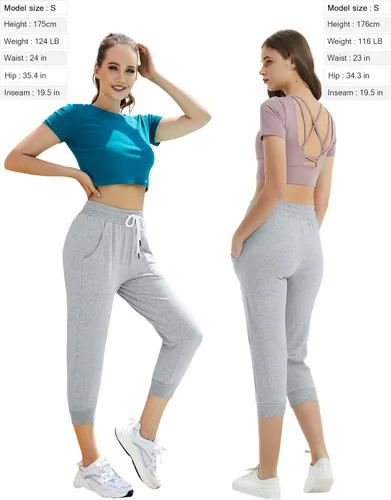 Vista 2 de SPECIALMAGIC - Pantalones deportivos estilo capri para mujer, recortados, corte holgado, cordón en la cintura y bolsillos laterales, para correr