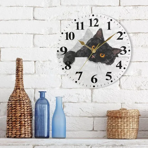 Vista 7 de susiyo Reloj de pared redondo a pilas para sala de estar, cocina, escritorio, granja, 9.8 pulgadas (gato negro)