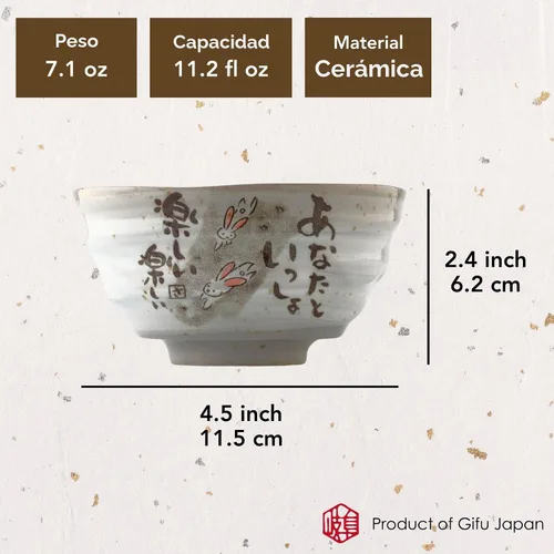 Vista 2 de Tazones de arroz japoneses, cuencos de sopa Miso, diseño de conejo, juego de 2, 4.5 pulgadas Conejito