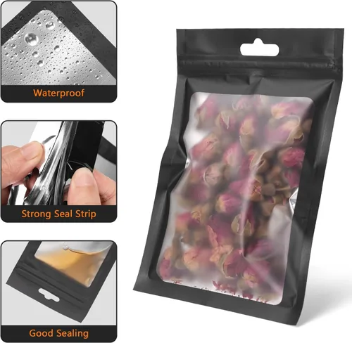 Vista 4 de Bolsas de Mylar para dulces, paquete de 200 bolsas resellables (4 x 6 pulgadas, color negro) con ventana transparente para pequeñas empresas