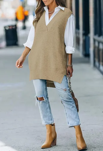 Vista 4 de Selowin Suéter de punto trenzado con cuello en V para mujer suéter holgado