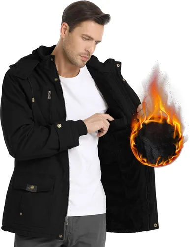 Vista 2 de Chaqueta de invierno para hombre, chaqueta militar, chaqueta tipo cargo con forro polar, chaqueta cálida con capucha desmontable, chaqueta