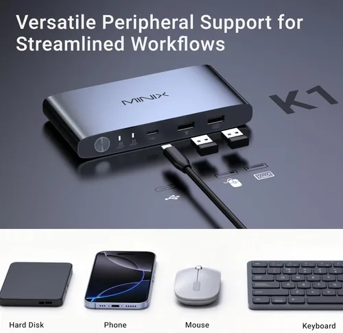Vista 7 de MINIX KVM KVM USB C K1 1 Monitores 2 Computadoras, 4K @120Hz HDR, 100W PD 3.0, Conmutadores KVM de entrada dual USB-C, teclado y mouse compartidos