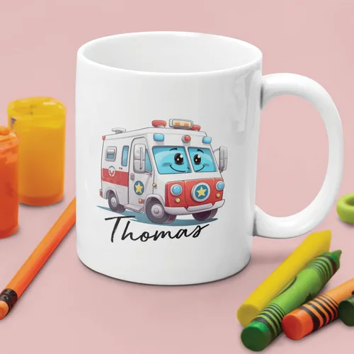 Vista 4 de Taza de café de ambulancia personalizada, taza de té blanca ambulancia de 11 onzas y 15 onzas, taza de café de cerámica personalizada con nombre