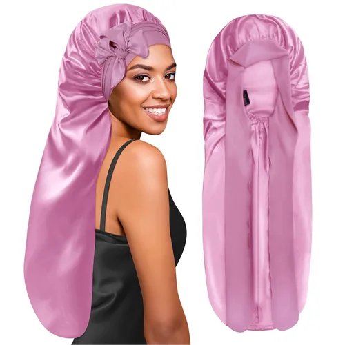 Vista 21 de BONNET QUEEN Gorro de Trenza de Seda Gorro Plegable Extra Largo para Trenzas con Banda de Atar, Capó de Satén Largo para Dormir, Verde Oscuro