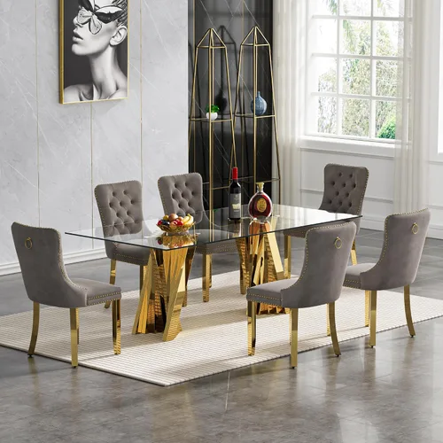Vista 45 de Juego de mesa de comedor de cristal dorado moderno de 70 pulgadas para 4, juego de mesa rectangular de comedor de cocina de 5 piezas con base