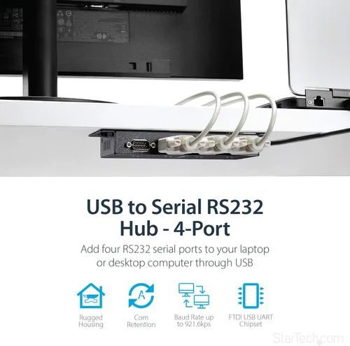 Vista 3 de StarTech Adaptador USB a Serial RS232 de 4 puertos - Montaje en pared - Riel DIN (ICUSB2324I) y cable de módem nulo serie RS232 de 10 pies - Cable