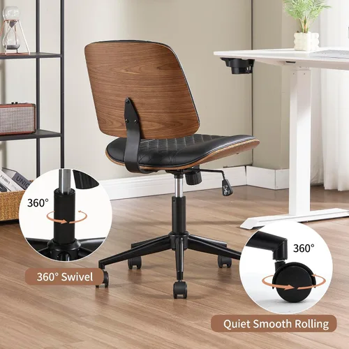 Vista 6 de Silla de escritorio de oficina con ruedas sin brazos, silla de computadora Negro