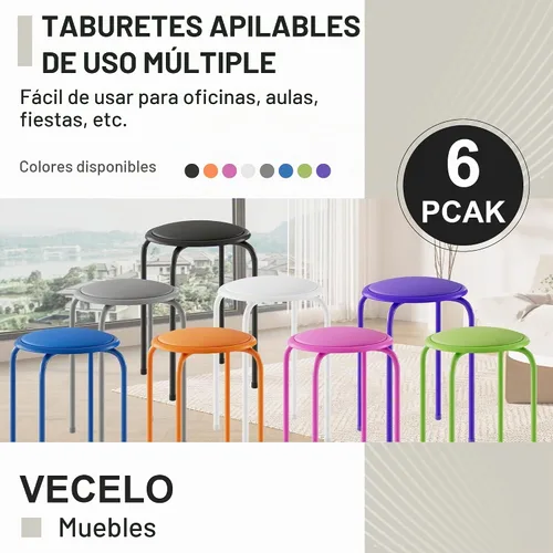 Vista 7 de VECELO Taburetes apilables de 6 piezas, altura estándar de 17 pulgadas, asiento acolchado y patas de acero, taburetes decorativos apilables Negro