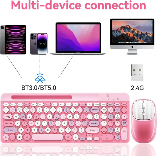 Vista 2 de [Usado] Teclado y Mouse Inalámbricos Bluetooth, Combo de Teclado y Mouse Recargable Multidispositivo con Soporte para Teléfono