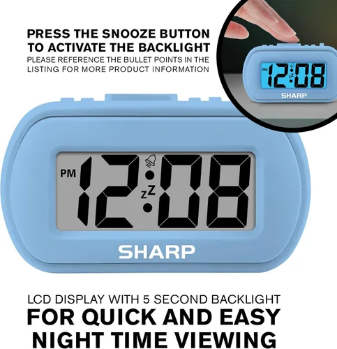 Vista 5 de Sharp - Reloj despertador con batería con funda suave al tacto y luz de fondo, color azul claro
