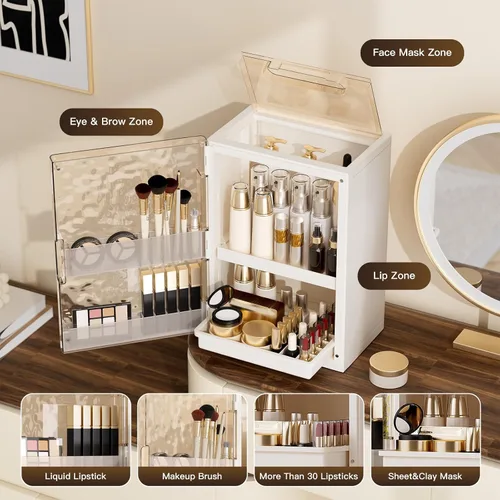 Vista 4 de Organizador de maquillaje con cajones, organizador de cuidado de la piel para tocador, vitrina grande de cosméticos con asa, organizadores