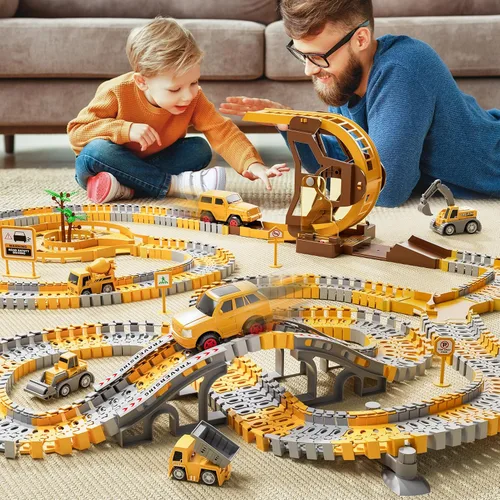 Vista 7 de iHaHa 299 piezas de pistas de carreras de construcción para niños, 6 piezas de autos de ingeniería y pista de carreras flexible crea un camino