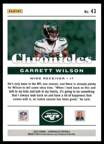 Vista 2 de 2022 Panini Chronicles #43 Garrett Wilson New York Jets RC Rookie Card Official NFL Football Card in Raw (NM or Better) Condition
