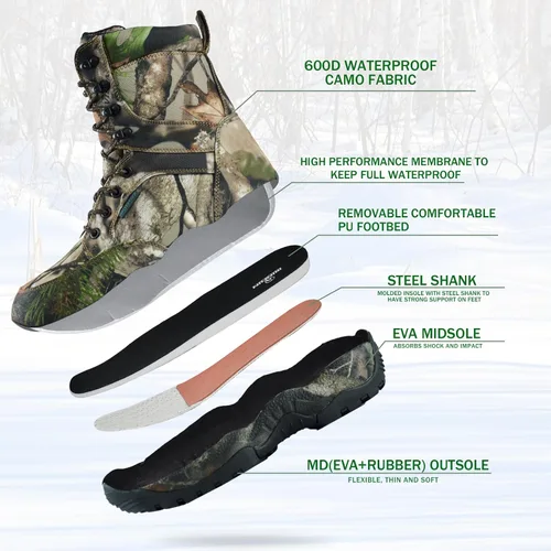 Vista 2 de Botas de caza impermeables para hombre, 8 pulgadas, ligeras, aisladas, camufladas, para exteriores, 14.11 oz Thinsulate
