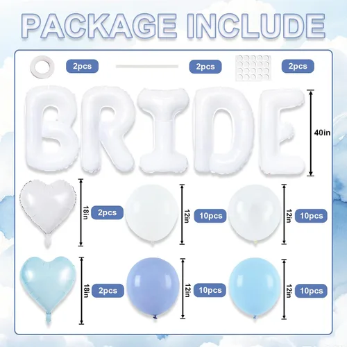 Vista 2 de TONIFUL 40 Inch Giant Bride Balloon Bachelorette Party Decorations with Blue White Balloons White BRIDE Letter Mylar Foil Balloons Banner for Bride