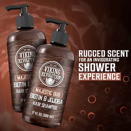 Vista 8 de Viking Revolution Majestic Oud - Juego de champú y acondicionador para hombre con biotina y aceite de jojoba, champú natural para el cabello