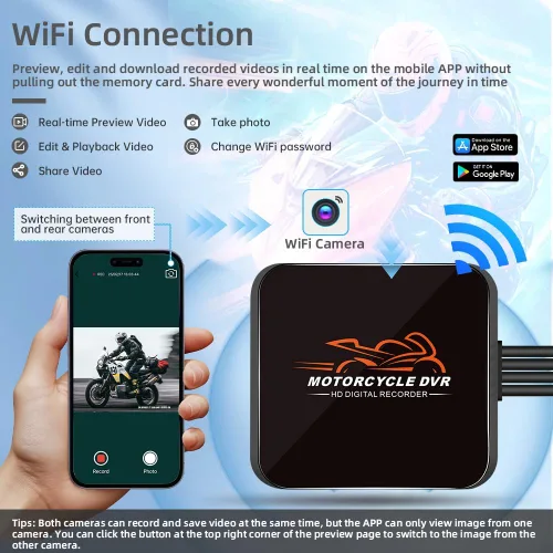Vista 2 de VSYSTO Cámara WiFi para salpicadero de motocicleta, 2 canales, lente gran angular de 130°, visión nocturna frontal y trasera HD 1080P, sistema DVR