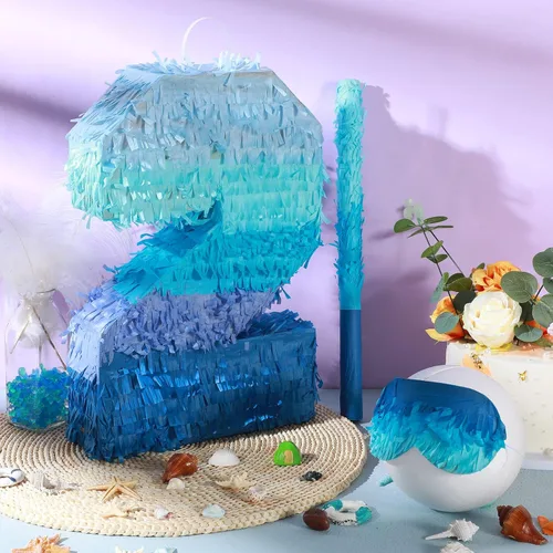 Vista 4 de Sratte Piñata Número 1 2 3 4 5 6 7 8 9 con Palo, Venda para los Ojos, Confeti, Piñata Azul Degradado para Niños y Niñas Fiestas de Cumpleaños