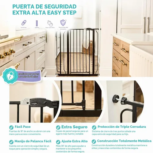 Vista 3 de Regalo Easy Step - Puerta para bebé extra alta con acceso, kit adicional, incluye kit de extensión de 4 pulgadas, kit de montaje a presión, ventosas