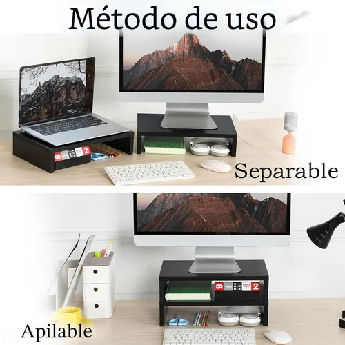 Vista 2 de TEAMIX Soporte elevador para monitor de madera, paquete de 2 unidades, soporte ajustable de 2 niveles, elevador de monitor doble para 2 Negro