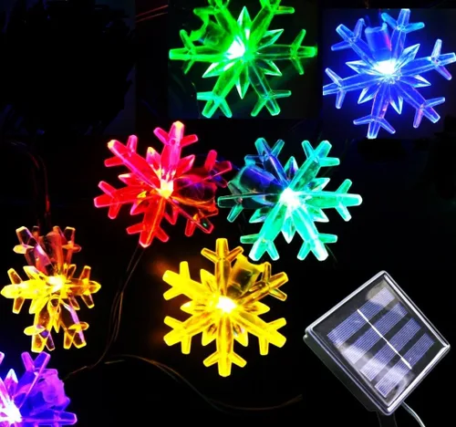 Vista 6 de Luces solares de Navidad para exteriores, impermeables, decoraciones de 20 pies, 30 luces LED de copo de nieve con 8 modos de iluminación