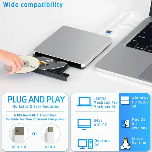 Vista 5 de Dainty Externo compatible con Bluray Drive Compatible con lectura DVD CD BD Drive, adecuado para USB 3.0 y puerto tipo C, Windows XP/7/8/10/11MacOS