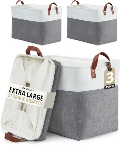 Vista 15 de DECOMOMO Cestas de almacenamiento extra grandes, contenedores de almacenamiento de tela con asas para organizar estantes, juguetes, guardería, Beige