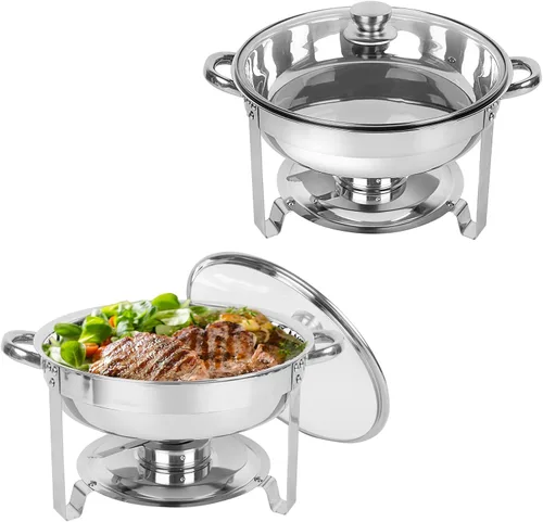 Vista 18 de IMACONE Juego de Bandejas Calentadoras de Buffet 4 Piezas, 5QT Redondas de Acero Inoxidable con Tapa de Vidrio para Catering, Conjuntos