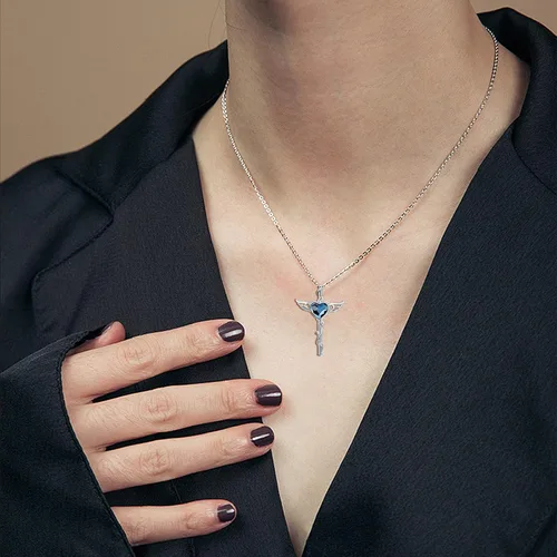 Vista 5 de Angel Necklace 925 Sterling Silver OpalMoonstoneBlue Crystal Angel Wings Cross Urn Pendant Necklace Hypoallergenic Moonstone Angel Cross Pendant