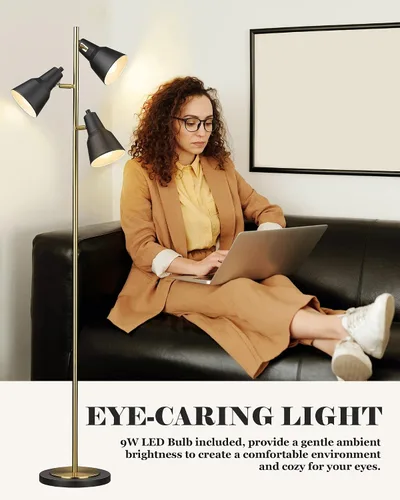 Vista 2 de ELYONA Lámpara de pie con árbol dorado con 3 luces giratorias ajustables, luces de pie industriales de poste alto de metal con 3 bombillas LED