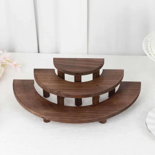 Vista 9 de Efavormart - Juego de 3 pedestales de postre semicírculo de madera marrón rústica de 3 niveles, elevadores de exhibición de cupcakes de media luna