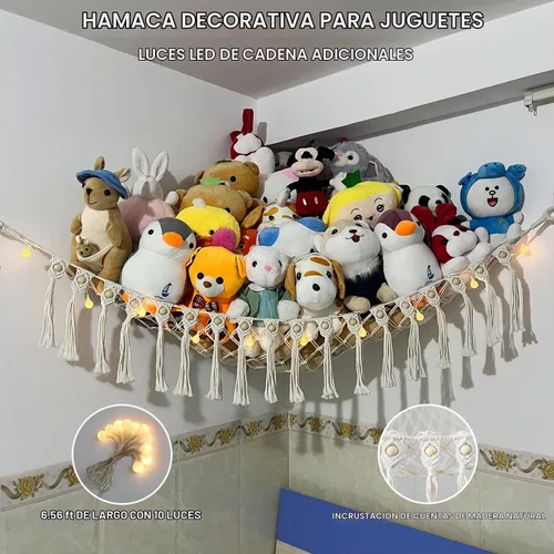 Vista 3 de Red Grande para Animales de Peluche o Hamaca, Hamaca de Juguete de Macramé Boho con Luces LED, Red que Decora la Habitación y Ahorra Espacio