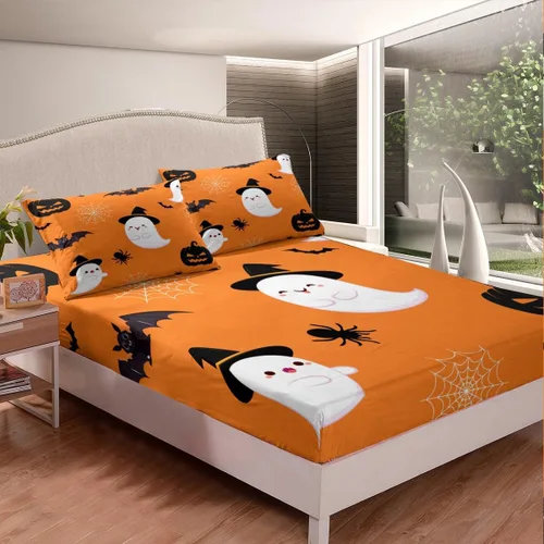 Vista 2 de Erosebridal Divertida sábana bajera ajustable de Halloween para niños, lindo juego de ropa de cama de calabaza fantasma, decoración de Halloween